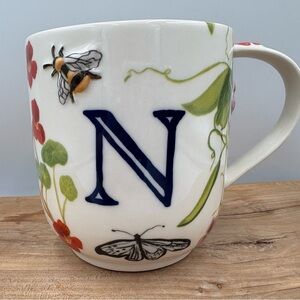 Anthropologie Monarch Monogram "N" Initial Mug Bees Colorful Floral Coffee Tea